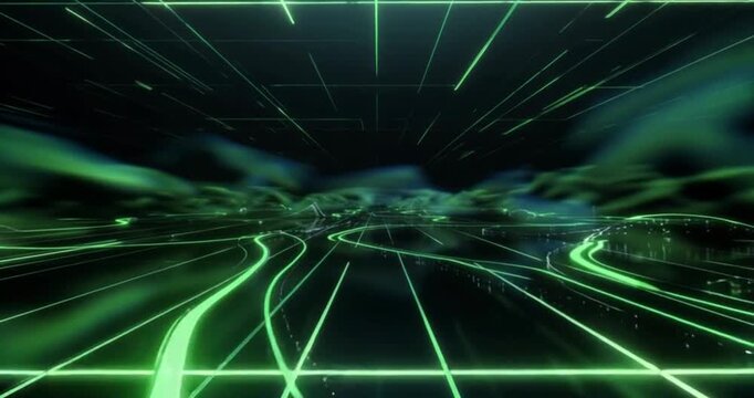 Glowing green neon grid lines pulse forward through a dark digital landscape in this mesmerizing motion graphics video footage for modern abstract technology project background design.