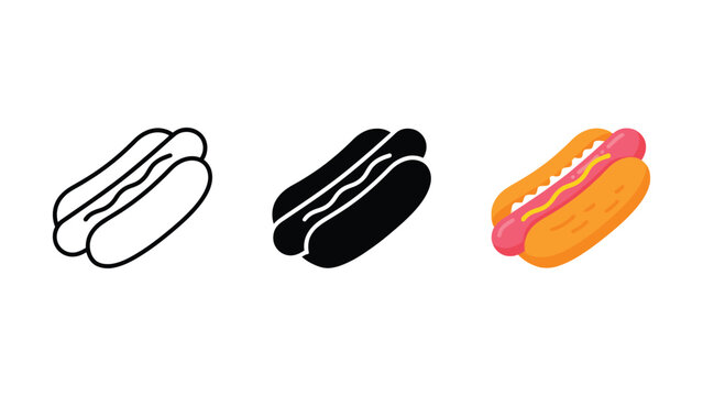 Three stylized hot dog illustrations with different color variations on transparent background