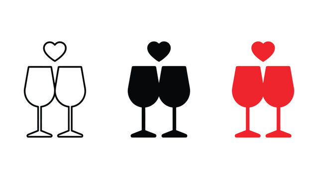 Three stylized wine glasses with hearts symbolizing love and celebration