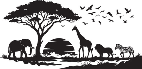 Obraz premium African safari wildlife silhouette vector, savanna animals with acacia tree and sunset, elephant lion giraffe and zebra landscape illustration