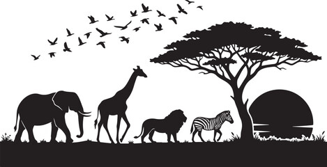 African safari animal silhouettes, black wildlife vector icons with elephant and giraffe, savanna landscape with acacia tree and sunset © Graphic Boss