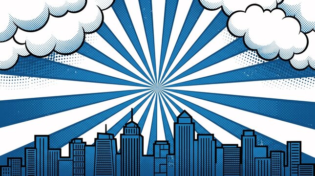Blue comic-style city skyline featuring bold radial sunburst rays, fluffy clouds, and a modern urban silhouette. Excellent for business graphics, websites, presentations, and travel-themed designs.
