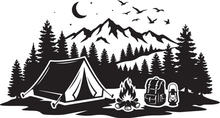 Vintage camping silhouette with tent and campfire. Mountain landscape outdoor adventure vector. Night forest camping scene with backpack and lantern. © Graphic Boss