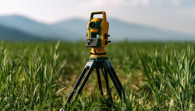 Yellow and green surveying instrument on tripod in field