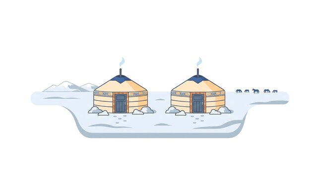 Two Traditional Mongolian Yurt Tents Resting in a Peaceful Snowy Winter Landscape with Mountain Peaks and Distant Livestock