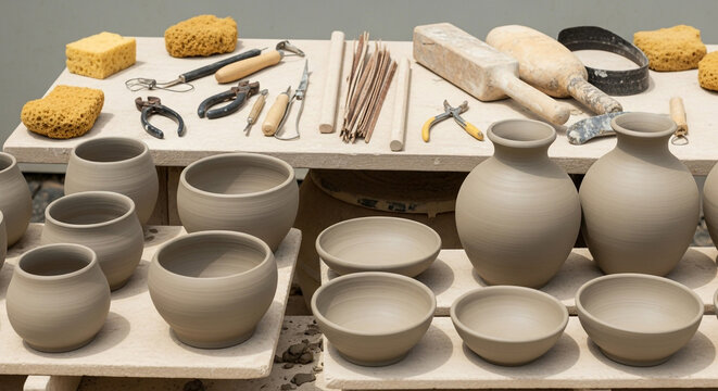 Pottery making tools and ceramics on a worktable in a studio setting