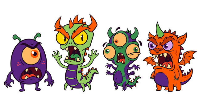 Set of funny cartoon monster characters isolated on a white background, colorful cute creatures illustration