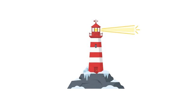 Red and white striped lighthouse icon on rocky island emitting light beam vector illustration isolated on white background