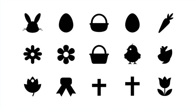 Set of Black Easter Holiday Decorative Icons Featuring Spring Symbols and Religious Elements