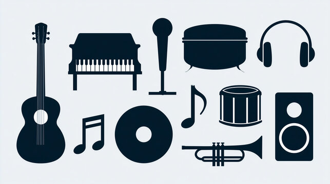 Set of dark blue musical instruments and audio equipment icons including guitar piano microphone headphones drums trumpet and notes 56