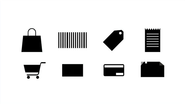 Set of black minimalist commerce and online shopping vector icons including retail bags carts payment cards and product labels for digital store interface design