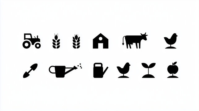 A comprehensive collection of black farm life and agriculture themed icons featuring tractor plant cow chicken and gardening tools