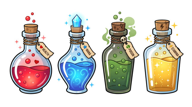 Vibrant assortment of magical elixirs and potent potions, ideal as collectible game items or fantasy puzzle pieces for adventure and enchantment