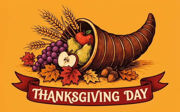 A traditional cornucopia horn of plenty filled with autumn harvest fruits for a festive thanksgiving celebration illustration