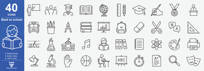 Back to school icon set Collection Linear Style Depicting Education And Learning Elements, Editable line icons. Vector illustration © Lutfar