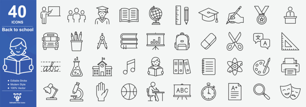 Back to school icon set Collection Linear Style Depicting Education And Learning Elements, Editable line icons. Vector illustration
