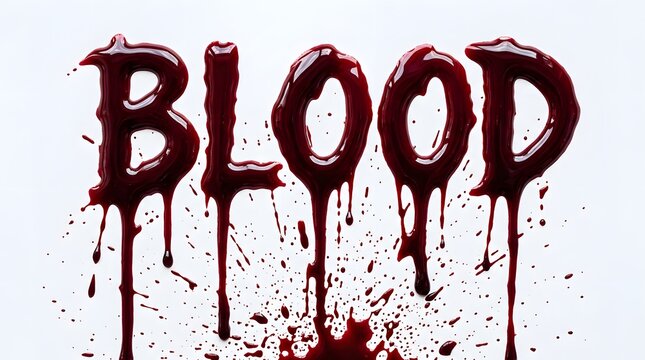 The word blood written in dripping red liquid isolated on white background