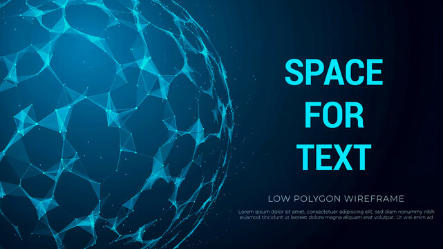 Abstract blue futuristic technology background with glowing wireframe sphere and copy space