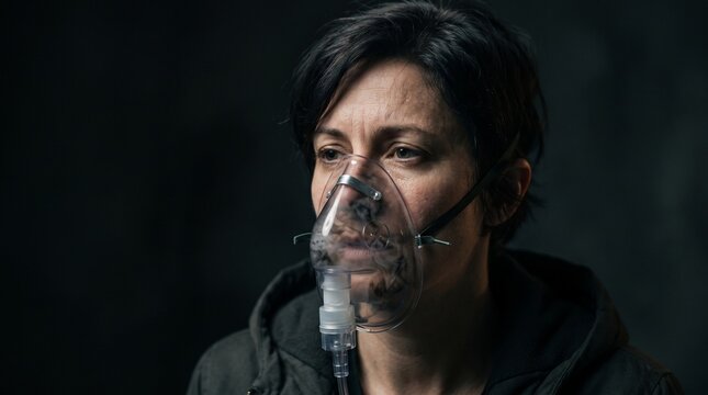 Human Breathing Toxic Smoke Through Mask