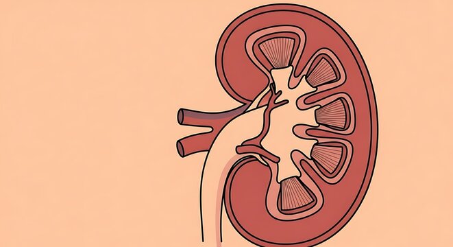 Detailed cross section illustration of human kidney anatomy showing inner