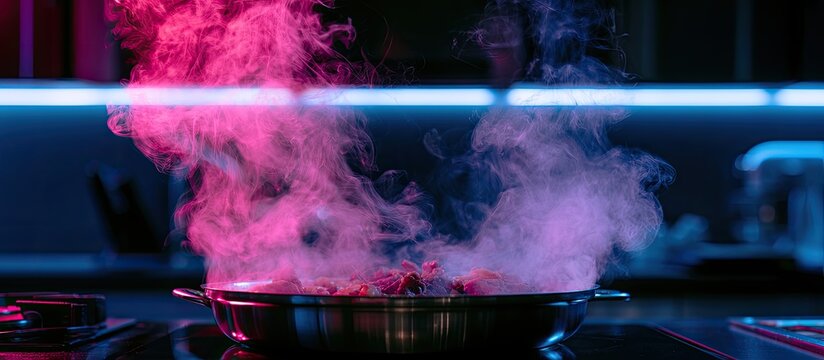 Food cooking in pan, billowing with pink and blue smoke