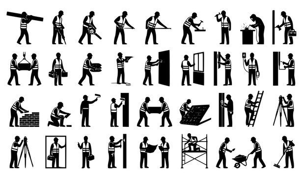 Construction workers silhouettes set featuring builders, tradesmen, manual labor, and repair tools vector