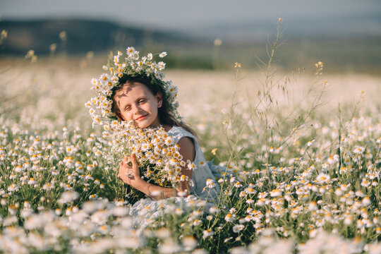 Meadow flowers surround young girl wearing Matricaria chamomilla crown while holding a bouquet of daisies in a sunny field