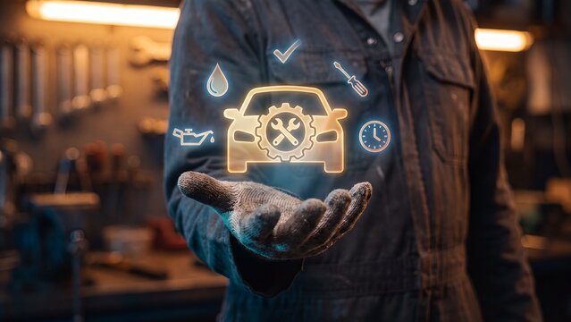 Car maintenance service management concept, mechanic holding holographic vehicle with gear wrench oil drop screwdriver and clock icons, auto repair, vehicle servicing and workshop scheduling