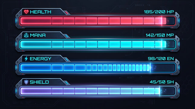 Futuristic neon game status bars vector illustration featuring health, mana, energy, and shield indicators for user interface design