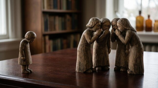 Wooden figurines depicting social isolation and bullying with one lonely figure excluded from a whispering group