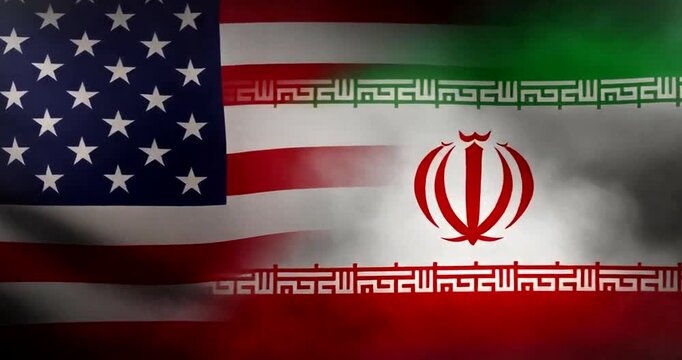 Symbolic representation of United States and Iran national flags merging in conflict or diplomacy.
