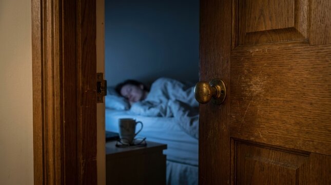 Hikikomori Lifestyle Concept Showing a Person Isolated in a Dark Bedroom Viewed Through a Cracked Open Door