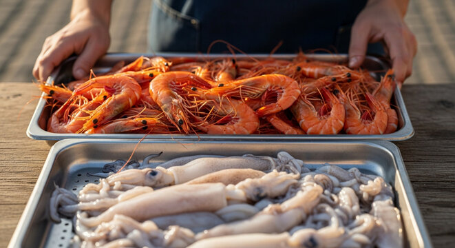 Fresh raw prawns and squids in metal trays for seafood market