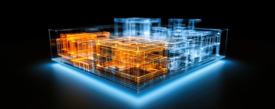Abstract digital building or circuit board structure in orange and blue glow