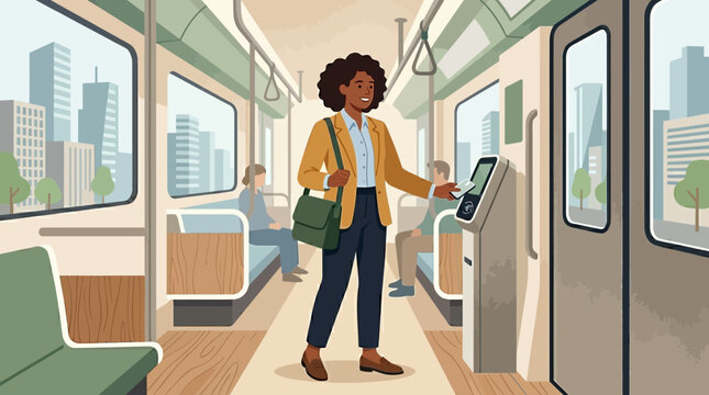 Woman paying fare on modern public transport train with city view