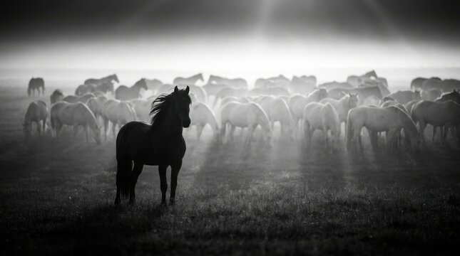 Black horse standing alone against a herd in misty field representing hikikomori isolation and digital loneliness