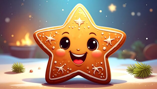 Cheerful Star Shaped Gingerbread Cookie Smiling on Snowy Holiday Background