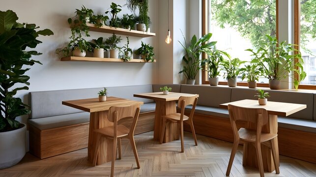 A cozy modern cafe corner featuring wooden tables and chairs  built in bench seating  and abundant green plants on shelves and ills