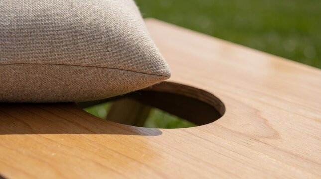 Close up of textured bean bag hovering near wooden board edge with light toned wooden surface soft