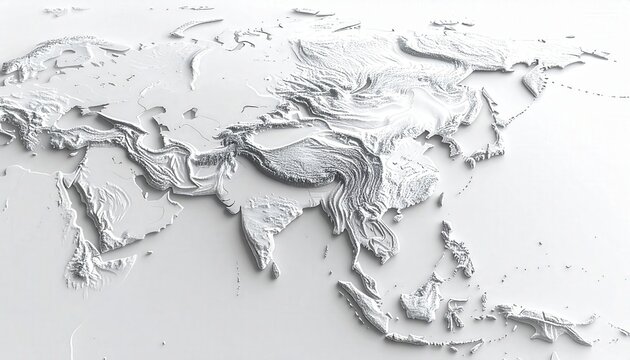 Asia Continent Topographic Relief Map White 3d Terrain Visualization