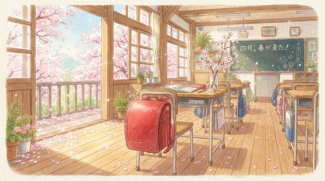 A beautifully illustrated watercolor painting depicts a serene Japanese classroom bathed in the warm glow of sunlight.