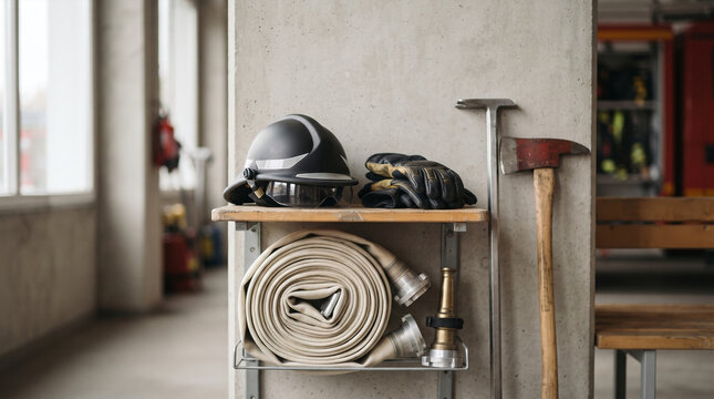 Firefighter equipment on shelf in fire station next to fire truck
