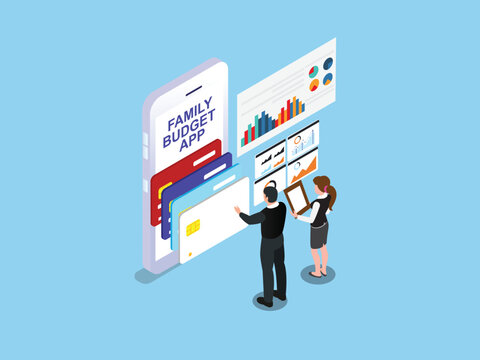 Family Budget App, Personal Finance Management, and Credit Card Dashboard 3d isometric vector illustration