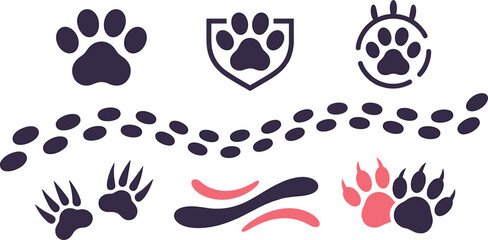 Art & IllustrationAnimal Paw Print and Track Vector Design Collection Featuring Dog Shield, Wildlife Claw Marks, Beast Footprints, and Decorative Trail Silhouette Elements © Sharmin