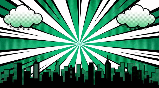 Fresh green city skyline with retro radial sunburst rays and comic clouds. Perfect for environmental campaigns, eco branding, business presentations, and promotional graphics.