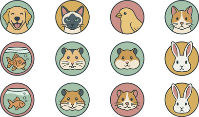 Fototapeta premium Art & IllustrationCute Domestic Pet Avatar Vector Icon Set with Circular Badges Featuring Dog, Cats, Birds, Goldfish, Hamsters, and Rabbits for Child Graphic Designs