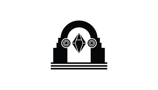 Mysterious gothic archway emblem featuring a floating diamond crystal, black and white vector design.