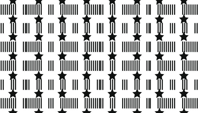 Seamless black and white pattern featuring rows of stars and vertical stripes, abstract graphic design.