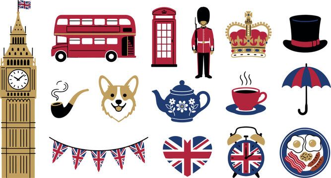 London United Kingdom Landmark and Culture Icon Set Featuring Big Ben Red Double Decker Bus Telephone Booth Royal Guard Crown and English Breakfast