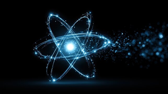 Glowing atomic model with orbiting electrons and emanating particles